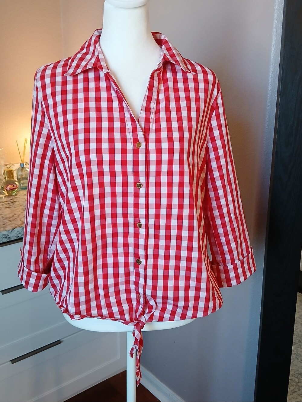 Anne Klein Gingham Blouse Shirt Red & White Checked 3/4 Cuff Sleeve Sz L